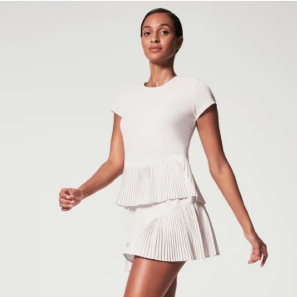 SPANX White Pleated Peplum Short Sleeve Top